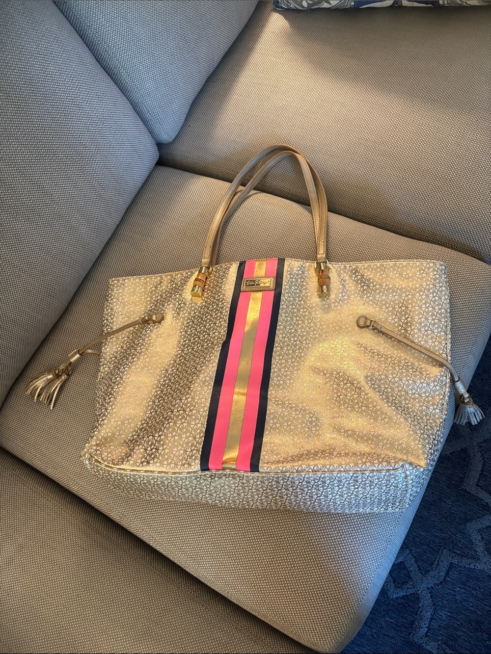 Lilly Pulitzer Metallic Gold Tote with Pink and Navy Center Stripe